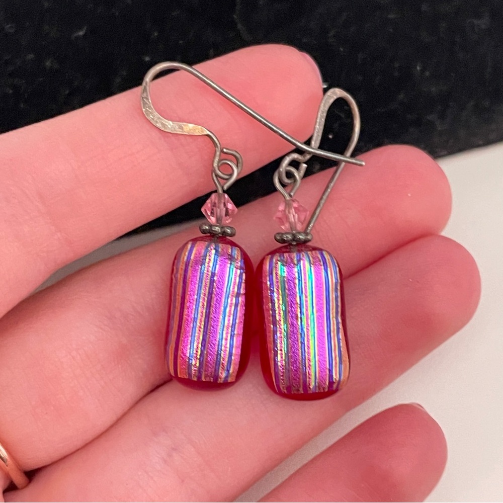 Red GLASS Summer Beach Hippie Festival Mermaid Fairy Geometric Stripped Earrings - Picture 8 of 8